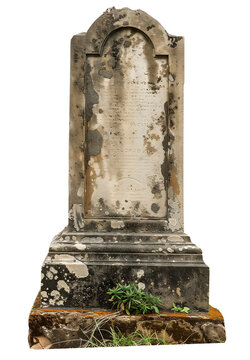 Old weathered, broken, dirty, and textured gravestone with lichen, isolated with a transparent background in PNG