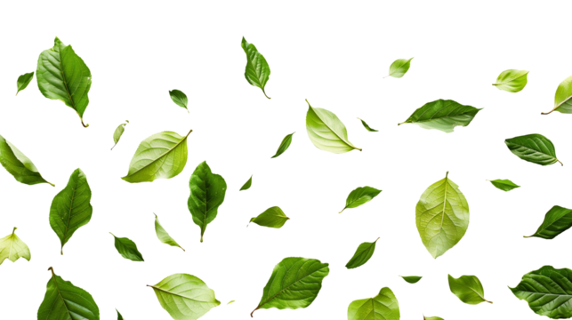 Green leaves falling separately, swirling from above, isolated on a transparent white background in PNG format. Graphic resource for autumn or spring.
