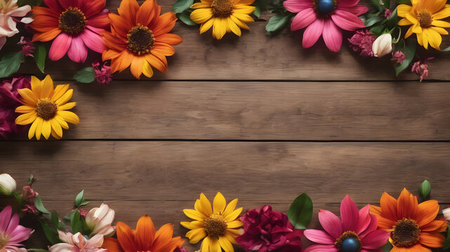 wooden background with flowers with empty space for greeting message.  Love and greeting concept design. AI generated image, ai