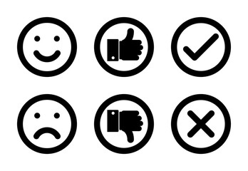 smile faces, thumbs up and down, check mark and cross icons set - obrazy, fototapety, plakaty
