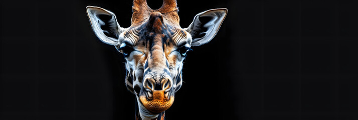 a close up of a giraffe's head and neck with a black back ground and a black background.