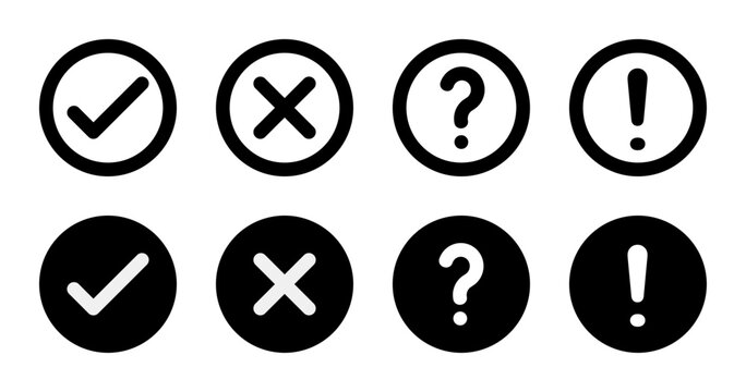 check cross, question mark and exclamation point, round thin line vector signs and solid circle icons set