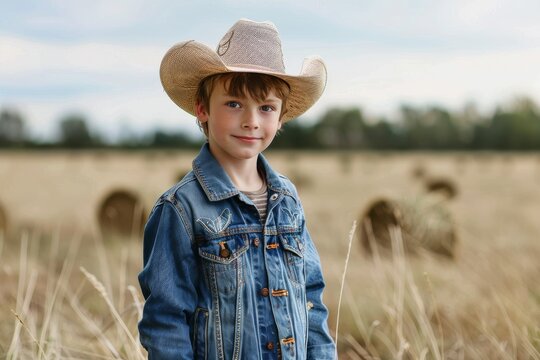 a 6-year-old boy in a cowboy hat, jeans and a denim jacket against a background of a small hay bale and a red farm