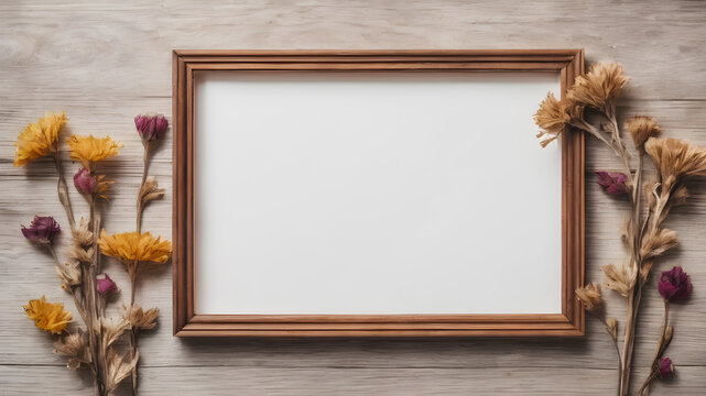 Frame and wooden background with dried flowers with empty space for greeting message.  Love and greeting concept design. AI generated image, ai