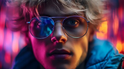 Trendy young man with sunglasses in neon lights - capturing urban nightlife style
