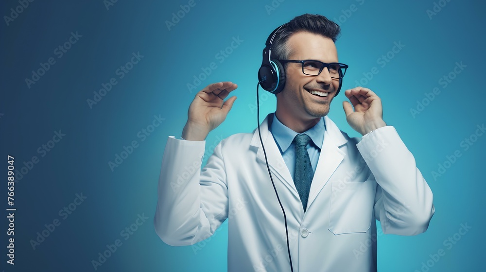 Wall mural joyful male healthcare professional vibing to music in headphones against blue background