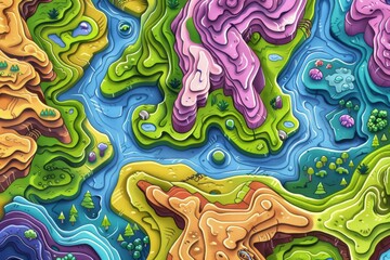 Vivid fantasy topographic map of colorful cartoon world, reminiscent of classic cartoons.