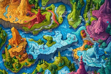 Vivid fantasy topographic map of colorful cartoon world, reminiscent of classic cartoons.
