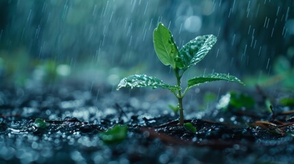 Young plant growing under rain - obrazy, fototapety, plakaty
