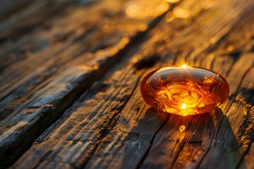 beautiful shiny amber stone on wooden table