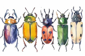 collection of beetles, watercolour, white isolated background