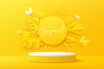Hello Tropical yellow leaf paper cut shape and butterfly, yellow paper circle with yellow podium display, poster design on yellow background. EPS 10 Vector illustration
