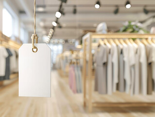 Elegant price tag mockup in boutique clothing store, fashion retail with luxury ambiance