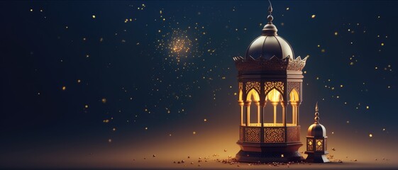 beautiful ornate lantern with star on night sky background for eid mubarrak or ramadan kareem, greeting card, template banner design concept - obrazy, fototapety, plakaty