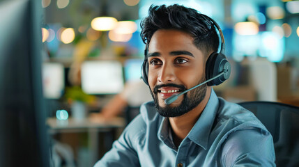 Friendly customer service representative with headset smiling at screen, tech support concept