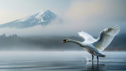 Graceful swan on a tranquil lake with Mount Fuji in the serene dawn, symbolizing peace and nature