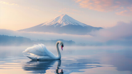 Graceful swan on a tranquil lake with Mount Fuji in the serene dawn, symbolizing peace and nature