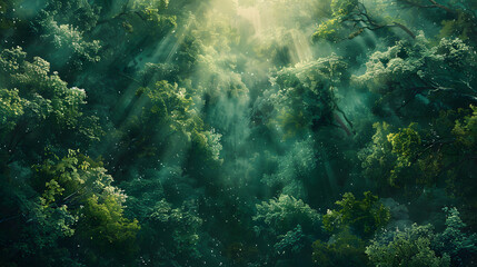 Fototapeta na wymiar Top view of a dense forest canopy, interspersed with beams of sunlight, expansive, earthy tones, mural style, masterwork, backdrop, hyper-realistic