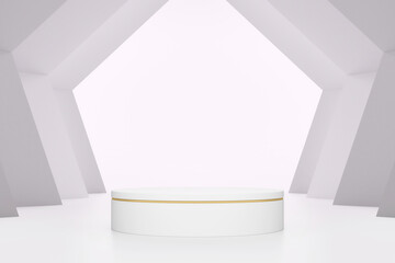 Product presentation podium mock up; stage scene for branding isolated on white background; white round pedestal with golden strip for products and goods exhibition; 3D rendering, 3D illustration	