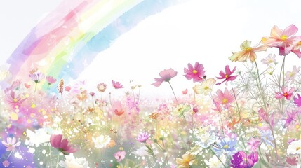 An illustration of a colorful flower garden in spring features the appearance of a beautiful rainbow.
