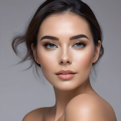 Fototapeta premium Woman with transparent makeup enhancing her natural beauty; skin appears flawless, luminous. Generative AI.