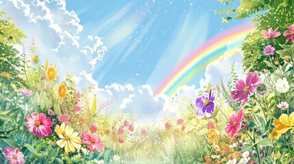 Obraz na płótnie Canvas illustration of a colorful flower garden in spring and the appearance of a beautiful rainbow 