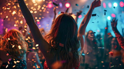 A young woman dancing in a club with glitter and confetti. Hands in the air. Dancing in a club. Celebration of the weekend. Party time. - obrazy, fototapety, plakaty