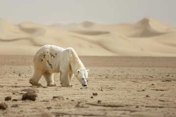 Distant shot of starving polar bear scavenging in barren desert, survival theme. - obrazy, fototapety, plakaty