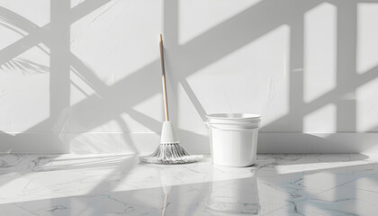 bucket, mop and rag on white marble floor in white room
