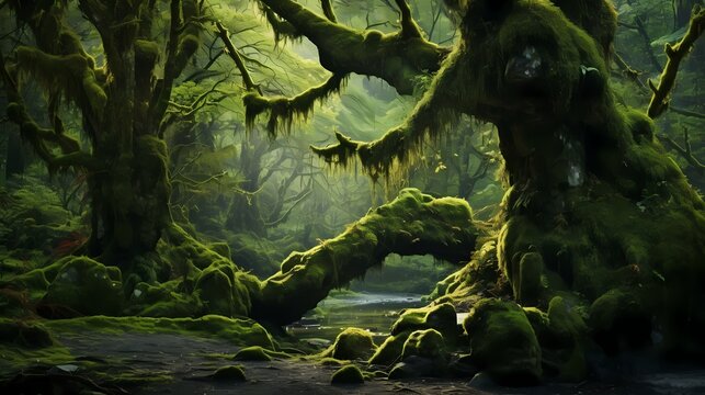 A cluster of old, gnarled trees covered in vibrant green moss, creating an enchanting atmosphere in the heart of the forest.