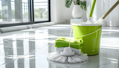 bucket, mop and rag on white marble floor in white room - obrazy, fototapety, plakaty