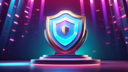 Holographic shield icon on a 3d podium with glowing lights on background - obrazy, fototapety, plakaty