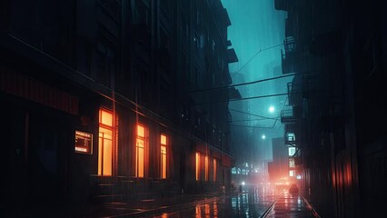 Street city at night with rain and light. Relaxing and ambient loop video animation.