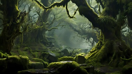 A cluster of old, gnarled trees covered in vibrant green moss, creating an enchanting atmosphere in the heart of the forest. - obrazy, fototapety, plakaty