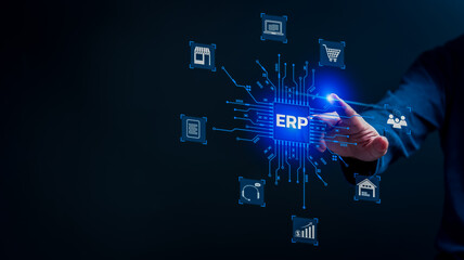 A person is drawing a blue ERP logo with a hand