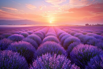 Blooming lavender field at sunrise: a magical awakening of nature.  