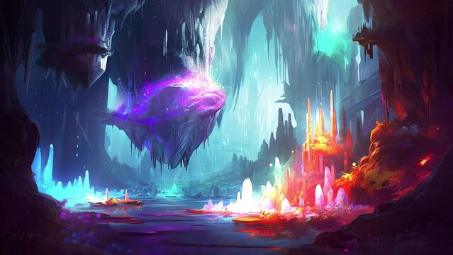 Fantasy cave with beautiful and colorful glowing plants and rocks. Magical and atmospheric loop video.