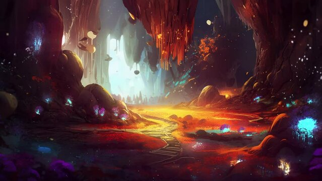 Fantasy cave with beautiful and colorful glowing plants and rocks. Magical and atmospheric loop video.