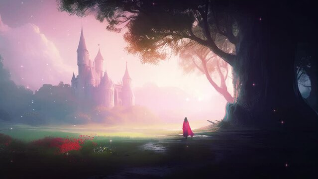 Fairytale and fantasy princess in a landscape with beautiful sunset. Relaxing and ambient loop video animation.