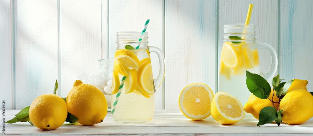 Poster mason jars filled with fresh lemons and refreshing lemonade are displayed neatly on a wooden table
