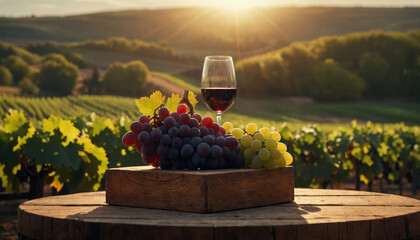 Bottle of wine on a wooden podium on vineyards background at sunset