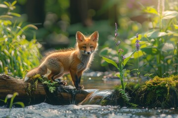 Obraz premium Little foxes on the river in the forest. A small stream in the summer morning misty dew 