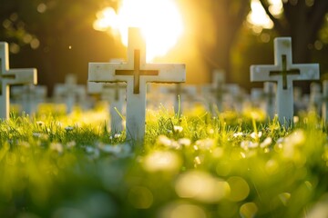 white graves of American heroes, memorial day, sunny weather  - obrazy, fototapety, plakaty