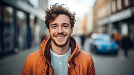 Fototapeta premium Happy young man smiling on urban street, casual style and positive vibes