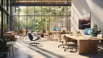 Modern open office space with natural light and stylish decor - Powered by Adobe