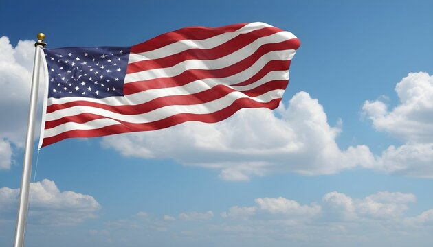American independence day background with realistic American flag with clouds and blue sky behind it