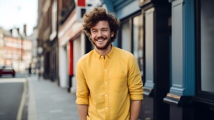 Cheerful young man with curly hair smiling on a sunny city street, dressed in a bright yellow shirt