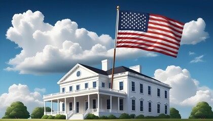 American independence day background with realistic American flag and American white house with clouds and blue sky and  behind it  - Powered by Adobe
