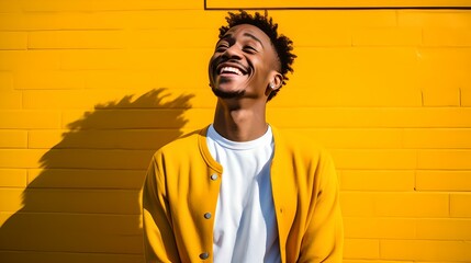 Joyful young man in a yellow jacket smiling against a vibrant yellow wall