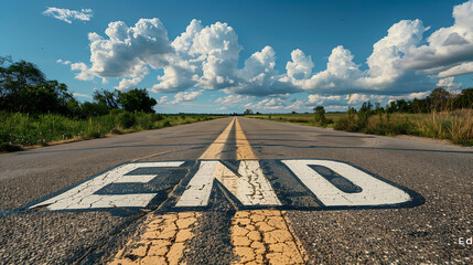 End of the road with clouds and sky background for banner and poster, The End concept, The End text